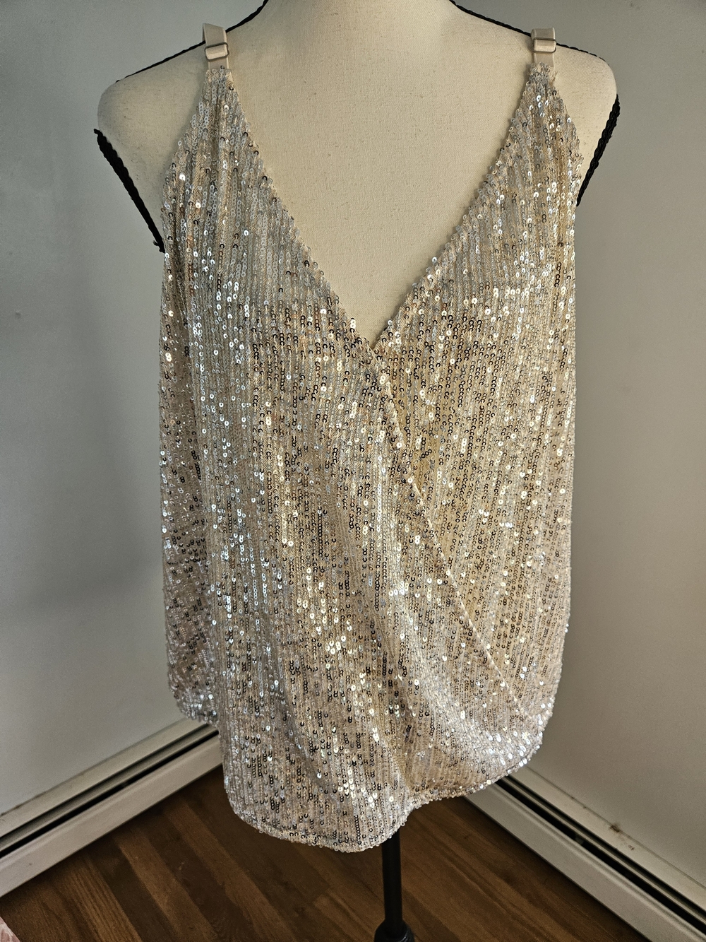Maurices Champagne Sequin V-Front Strap Top